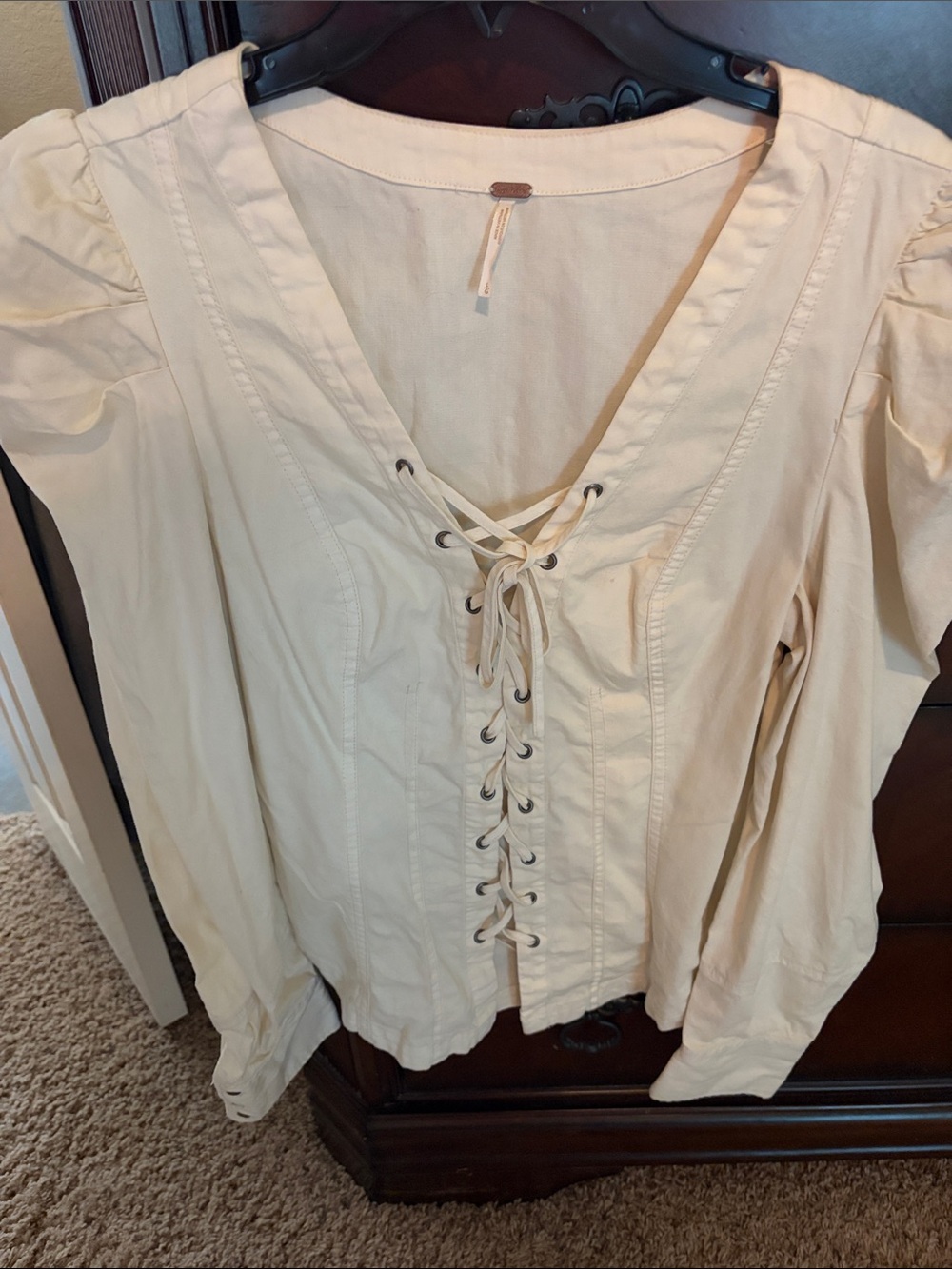 Free People Cream Lace-Up V-Neck Blouse